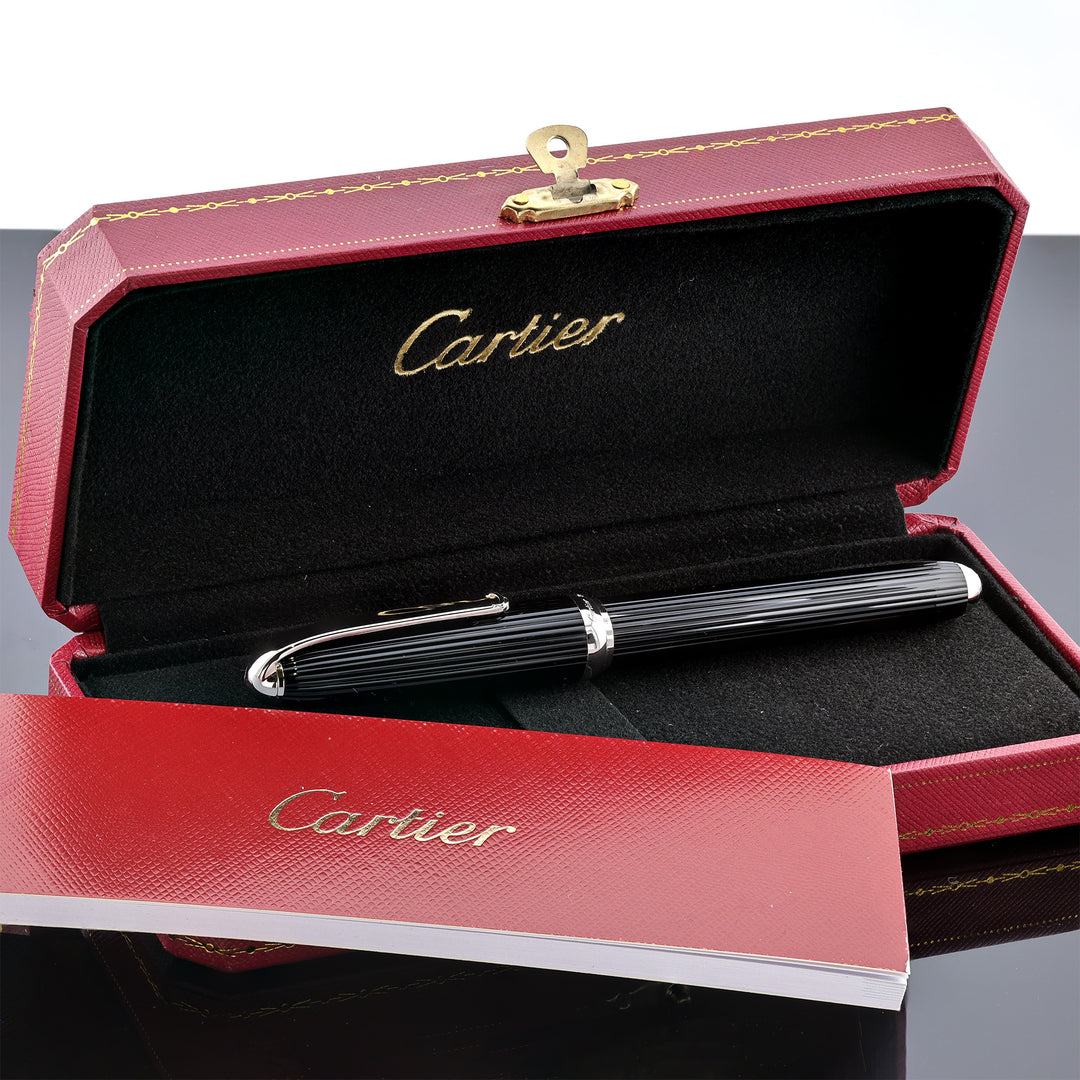 Cartier Vertical Godron Fountain Pen Black With Silver Trim
