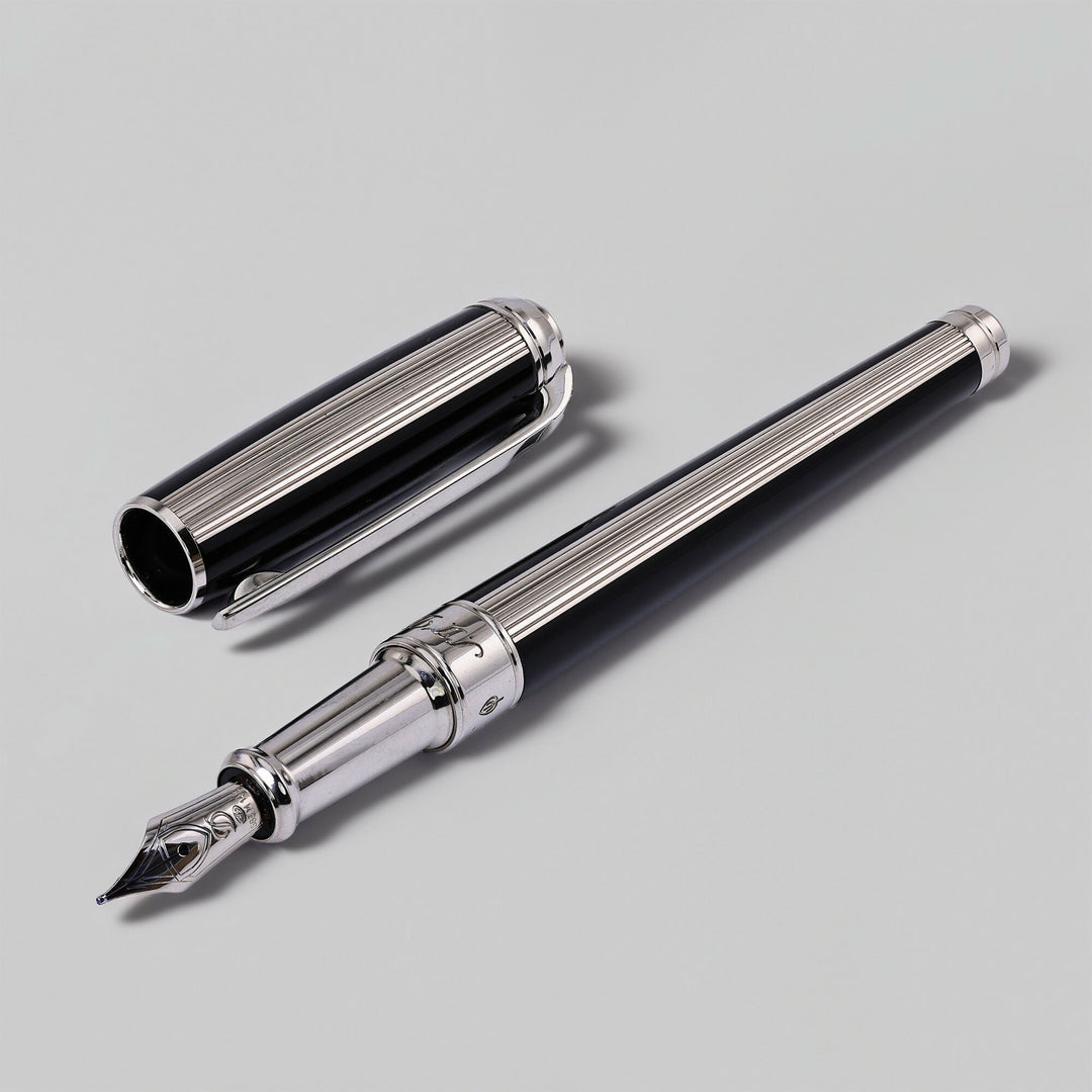 S.T. Dupont Line D Medium Black And Silver Ribbed Finish Fountain Pen