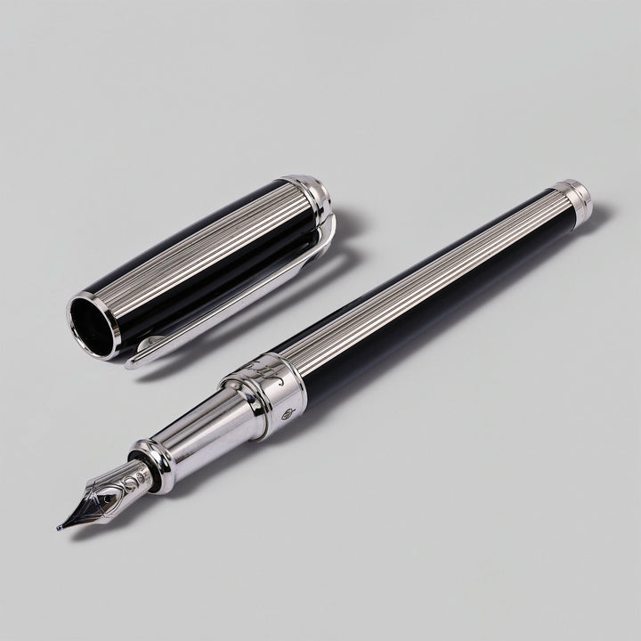 S.T. Dupont Line D Medium Black And Silver Ribbed Finish Fountain Pen