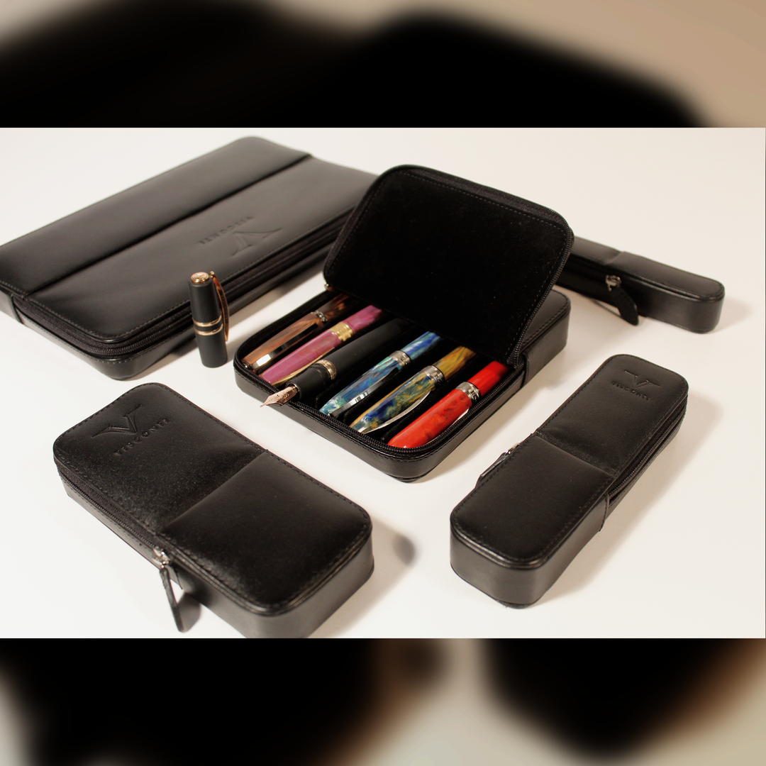 Visconti Black Leather 6 Pen Pouch