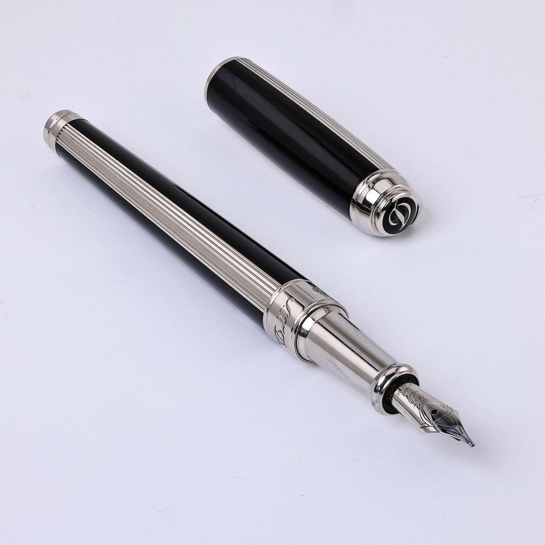 S.T. Dupont Line D Medium Black And Silver Ribbed Finish Fountain Pen