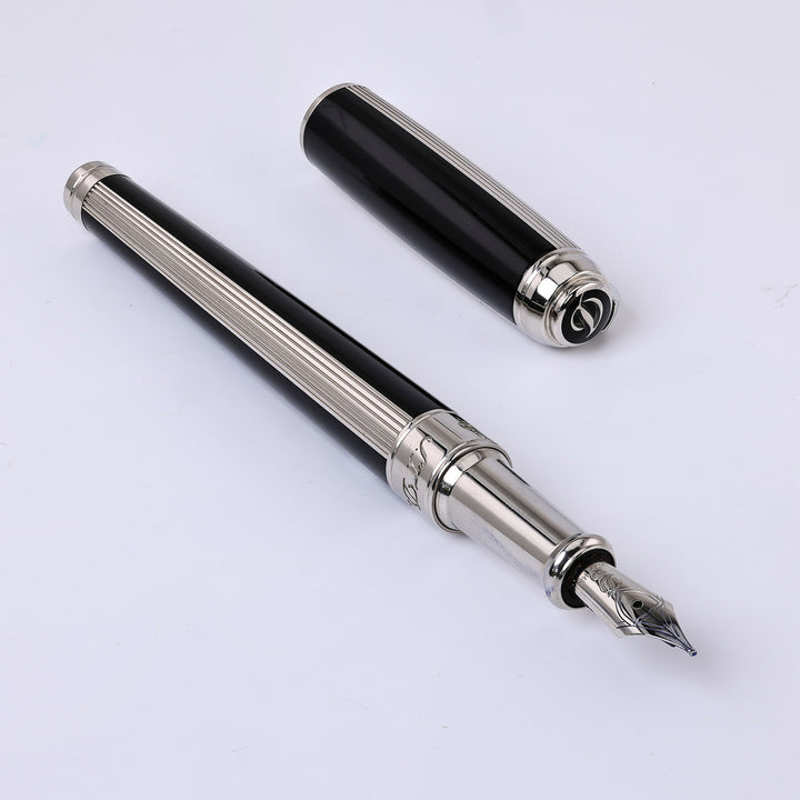 S.T. Dupont Line D Medium Black And Silver Ribbed Finish Fountain Pen