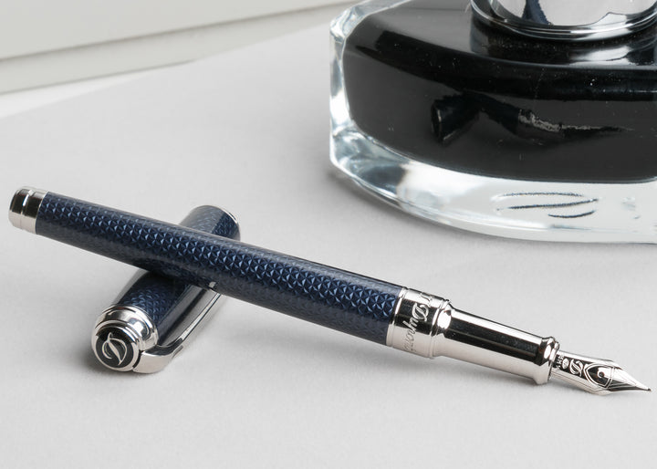 S.T. Dupont Line D Medium Fountain Pen - Guilloche Blue & Palladium