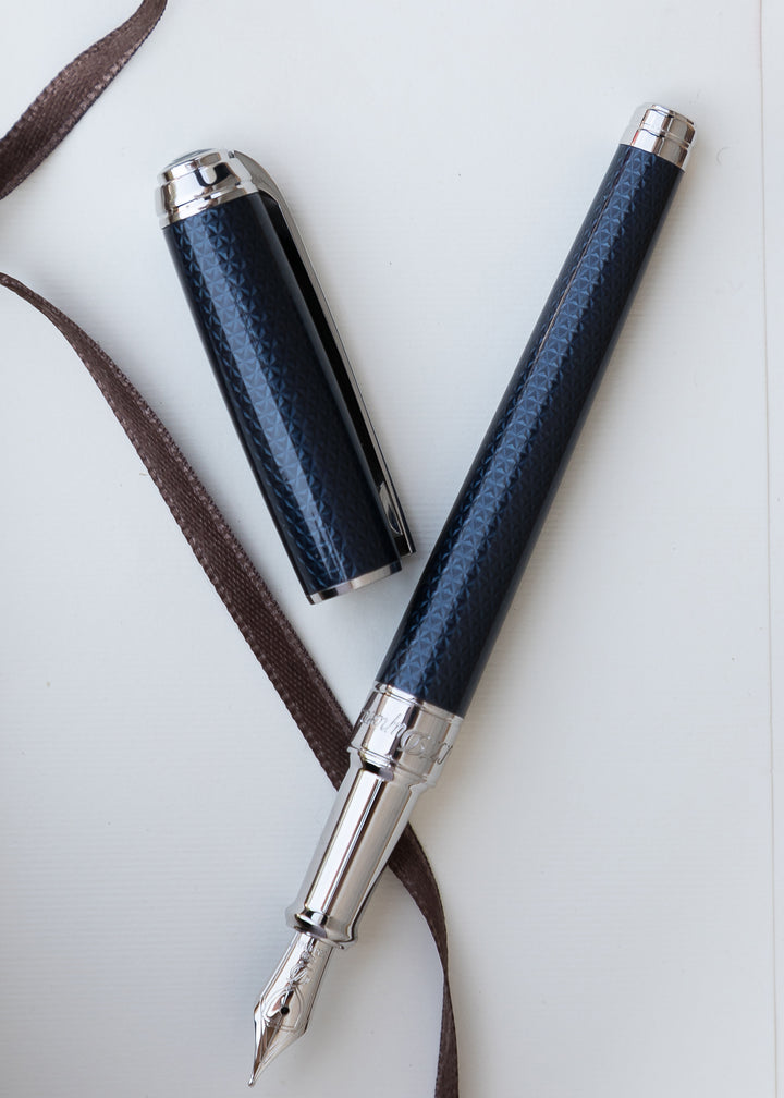 S.T. Dupont Line D Medium Fountain Pen - Guilloche Blue & Palladium