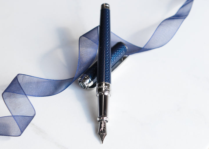 S.T. Dupont Line D Medium Fountain Pen - Guilloche Blue & Palladium