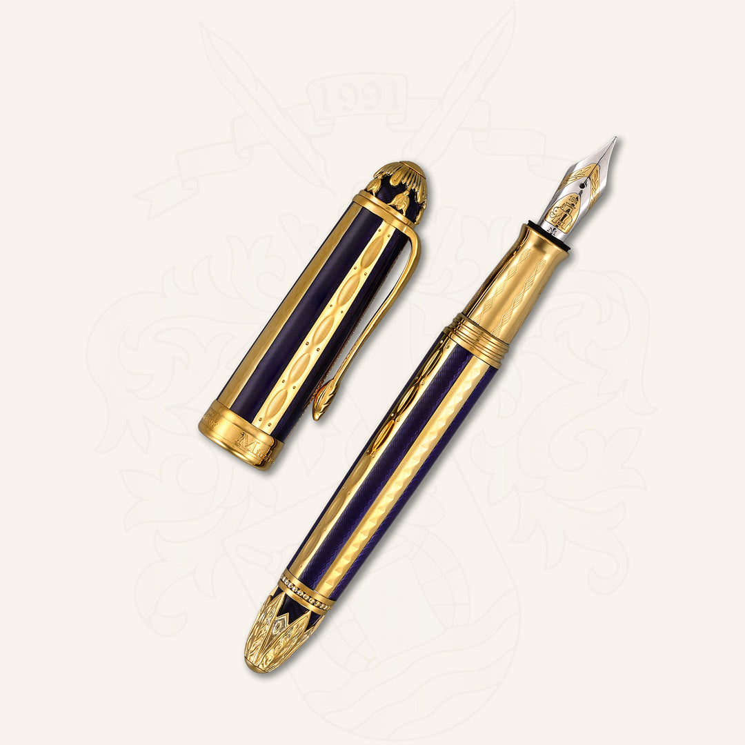 Michel Perchin Ribbed Blue &amp; Gold Limited Edition Fountain Pen