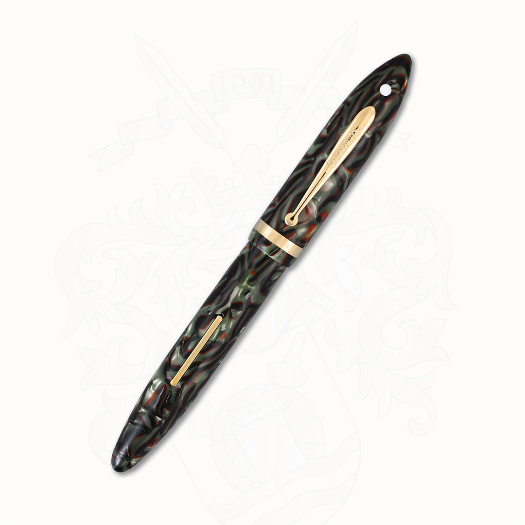 Sheaffer Balance Fountain Pen – Red Veined Gray Pearl Celluloid, Gold Nib