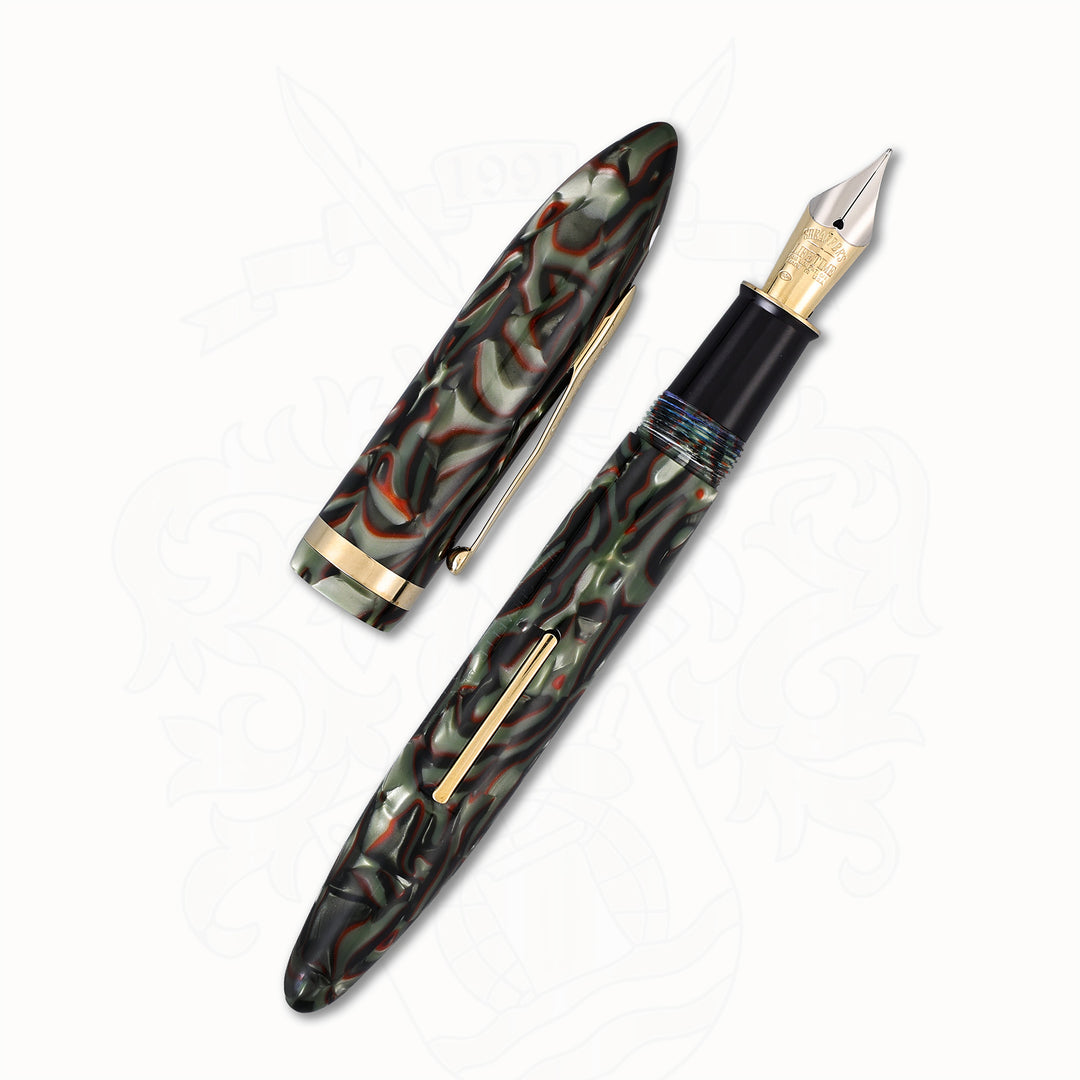 Sheaffer Balance Fountain Pen – Red Veined Gray Pearl Celluloid, Gold Nib