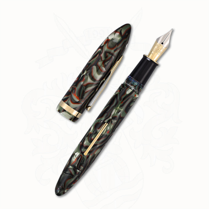 Sheaffer Balance Fountain Pen – Red Veined Gray Pearl Celluloid, Gold Nib