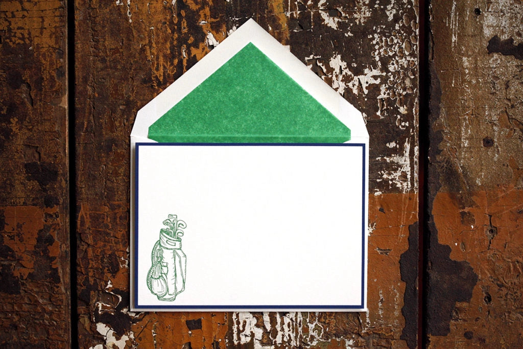 Golf Bag Letter Press Note Cards A6 (10 Flat Cards &amp; Lined Envelopes)
