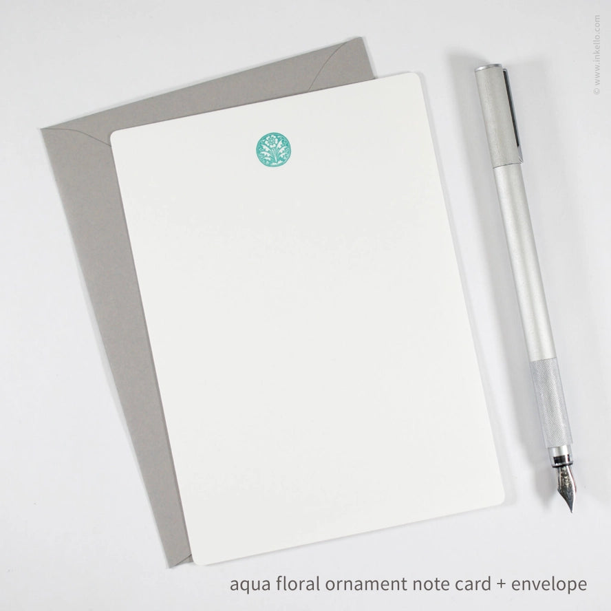 Flat Note Card Set with Vintage Aqua Floral Ornament