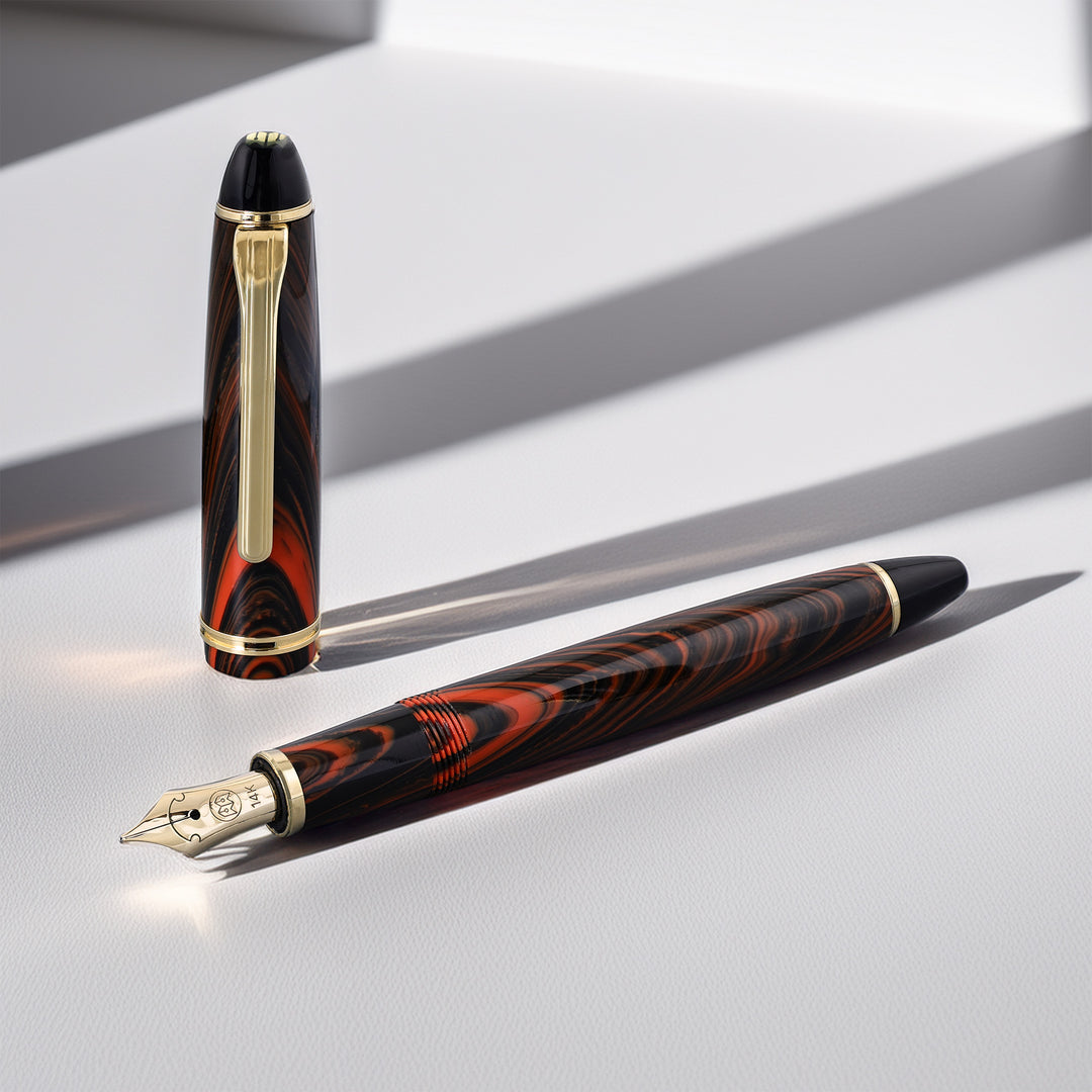 Hakase Ripple Red Celluloid Fountain Pen – 14K Gold Medium-Fine Nib