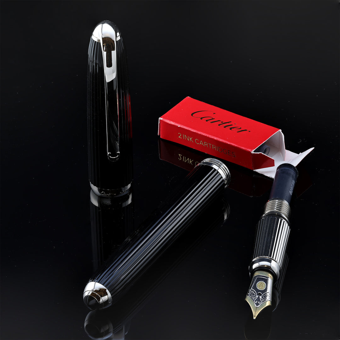 Cartier Vertical Godron Fountain Pen Black With Silver Trim