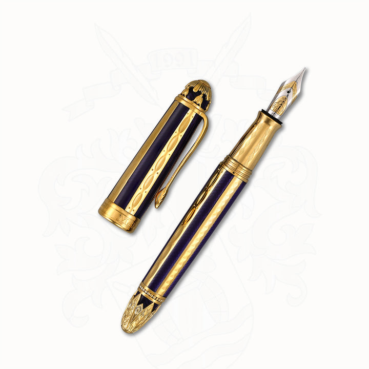 Michel Perchin Ribbed Blue &amp; Gold Limited Edition Fountain Pen