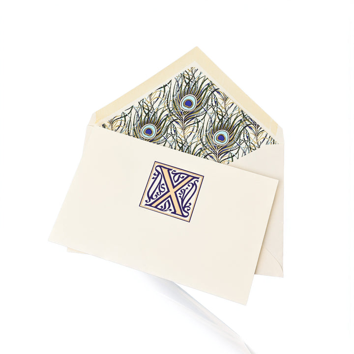 Blue Peacock Initial "X" - Folded Cards &amp; Lined Envelopes 4.10" x 6.30" (10ct.)