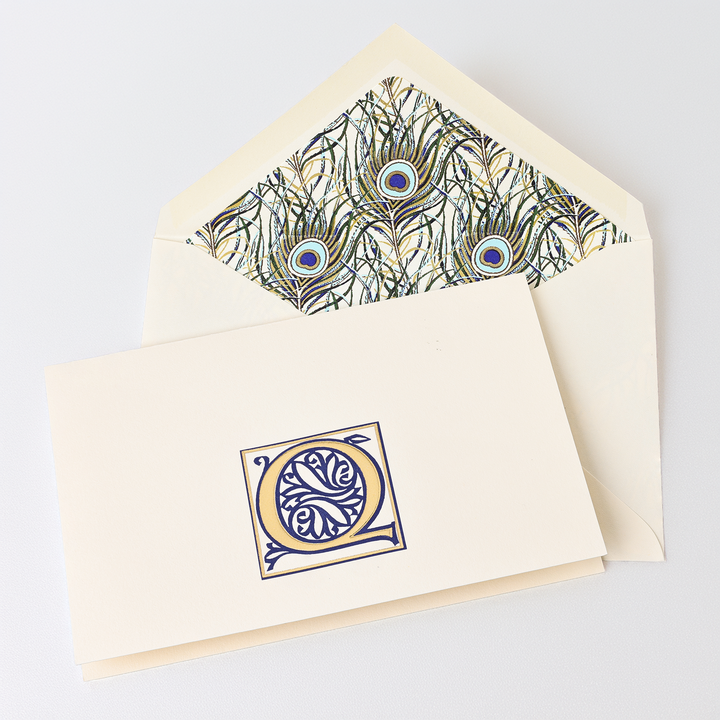 Blue Peacock Initial "Q" - Folded Cards &amp; Lined Envelopes 4.10" x 6.30" (10ct.)