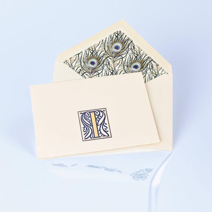 Blue Peacock Initial "I" - Folded Cards &amp; Lined Envelopes 4.10" x 6.30" (10ct.)