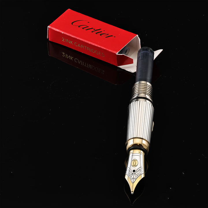 Cartier Godron Fountain Pen Sterling Silver Pinstripes And Gold Trim