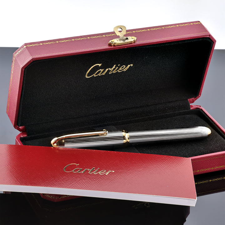 Cartier Godron Fountain Pen Sterling Silver Pinstripes And Gold Trim