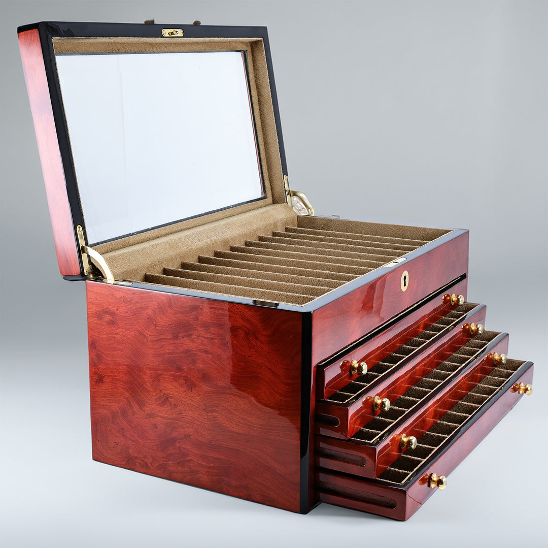 Venlo Burlwood 60 Slot Pen Box with Glass Top