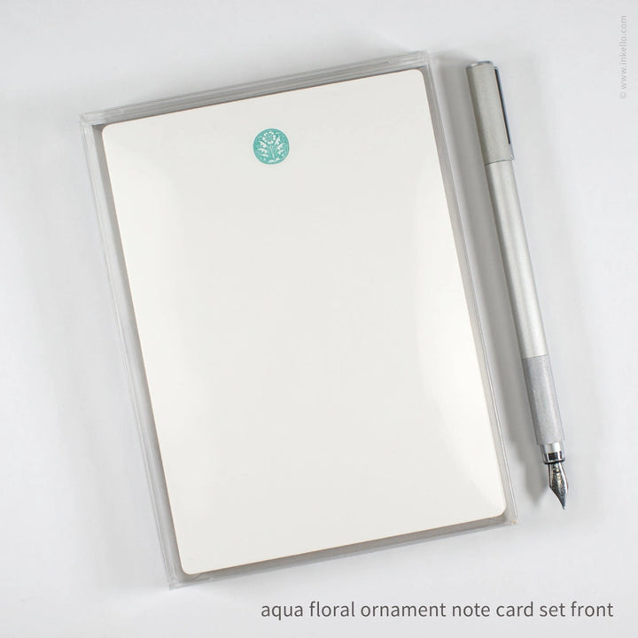 Flat Note Card Set with Vintage Aqua Floral Ornament