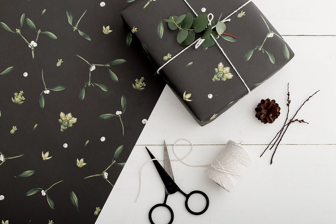 Catherine Lewis Mistletoe - Black Gift Wrapping Paper (2 Sheets)