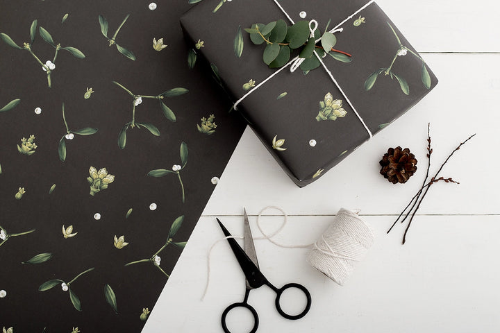 Catherine Lewis Mistletoe - Black Gift Wrapping Paper (2 Sheets)