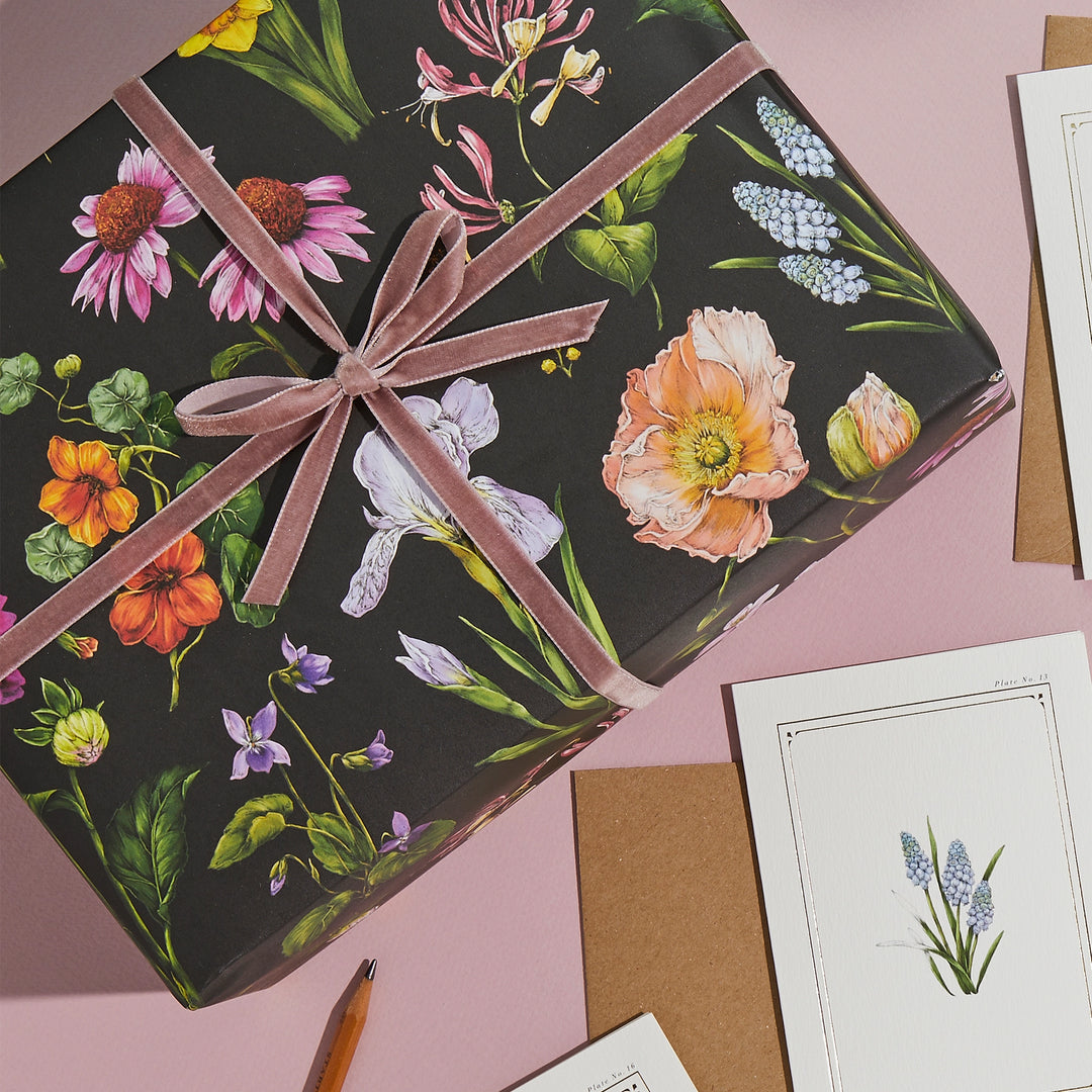 Bountiful Bloom-Black-Floral Gift Wrapping Paper (2 Sheets)