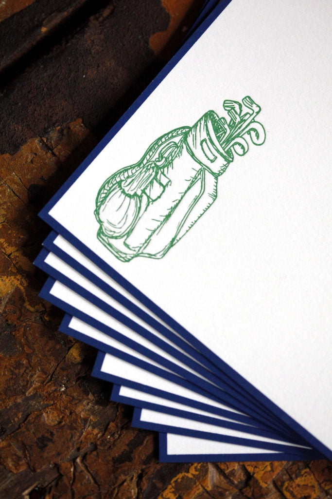 Golf Bag Letter Press Note Cards A6 (10 Flat Cards &amp; Lined Envelopes)