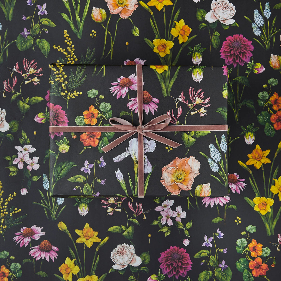 Bountiful Bloom-Black-Floral Gift Wrapping Paper (2 Sheets)