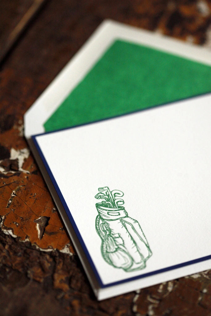 Golf Bag Letter Press Note Cards A6 (10 Flat Cards &amp; Lined Envelopes)