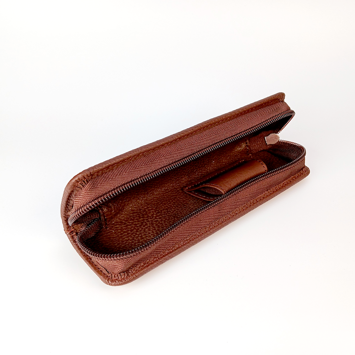 Taccia Brown Leather One-Pen Case With Zipper