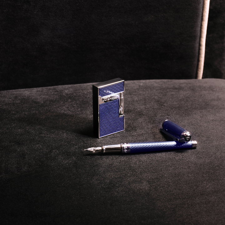 S.T. Dupont Line D Medium Fountain Pen - Guilloche Blue & Palladium